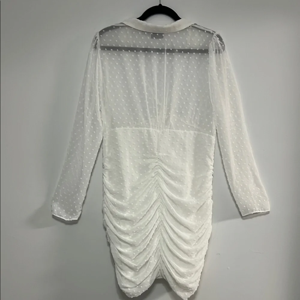 Chic White Ruched Dress with Sheer Sleeves - Picture 8 of 13
